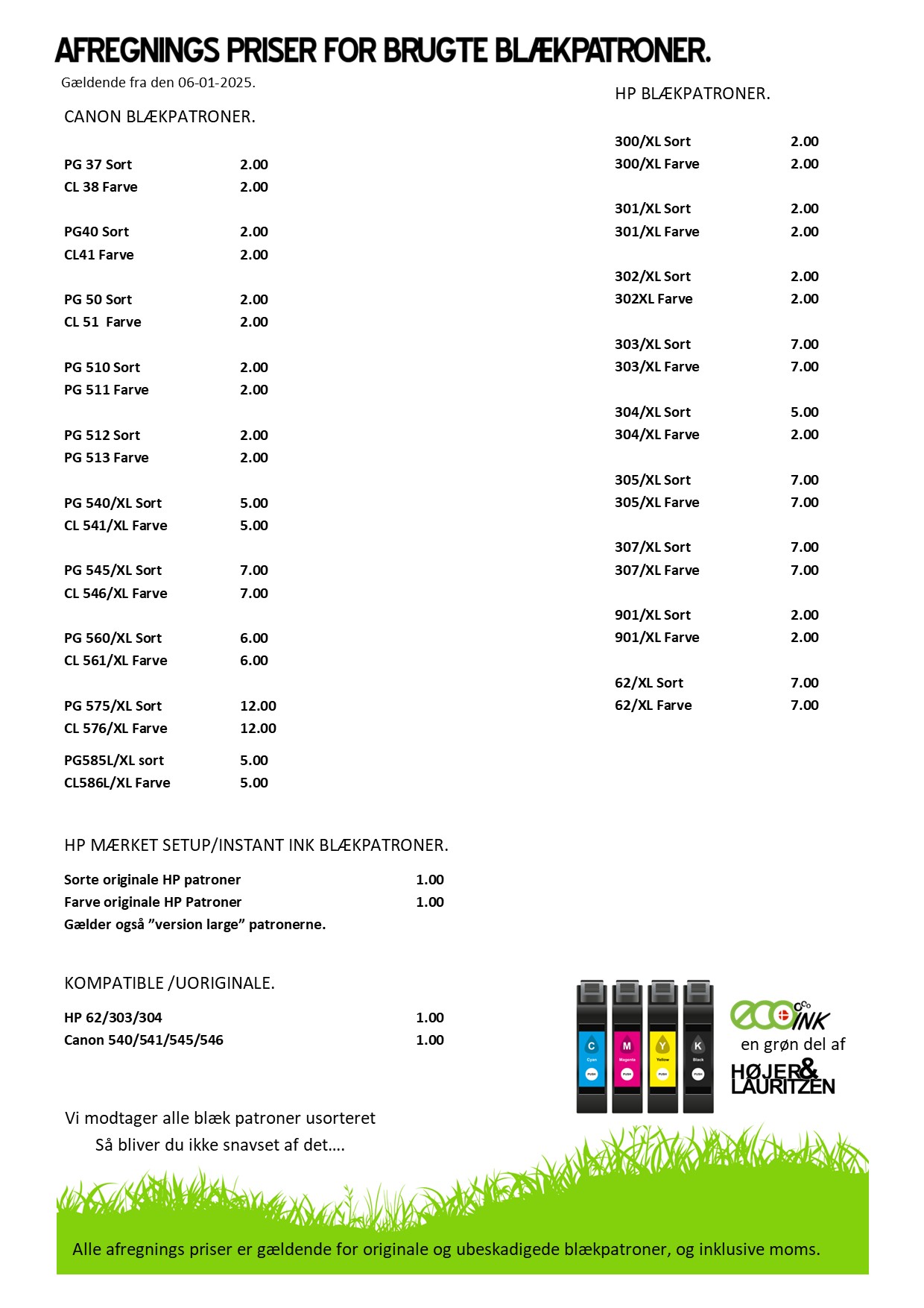 afregnings priser tomme blaekpatroner 06 01 2025